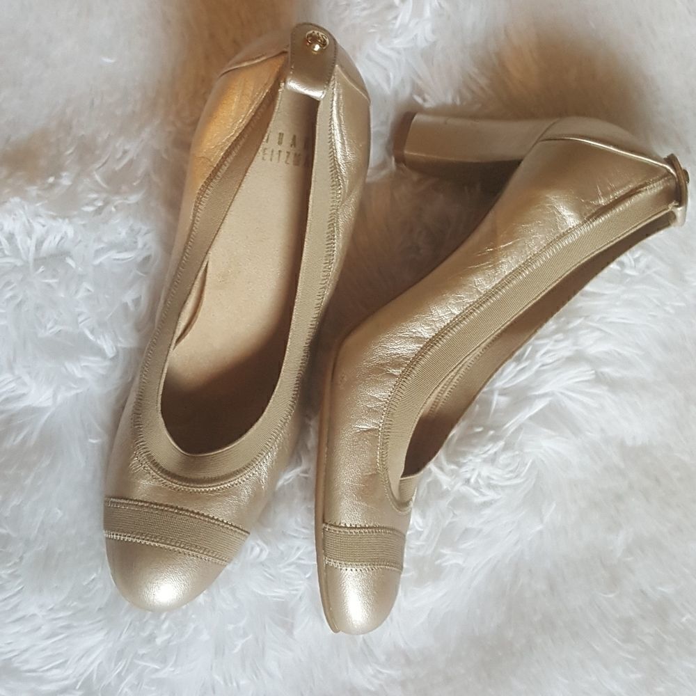 Stuart Weitzman Vintage‎ Heels Pumps Gold Elastic Top Trim Block Heel Size 7.5
